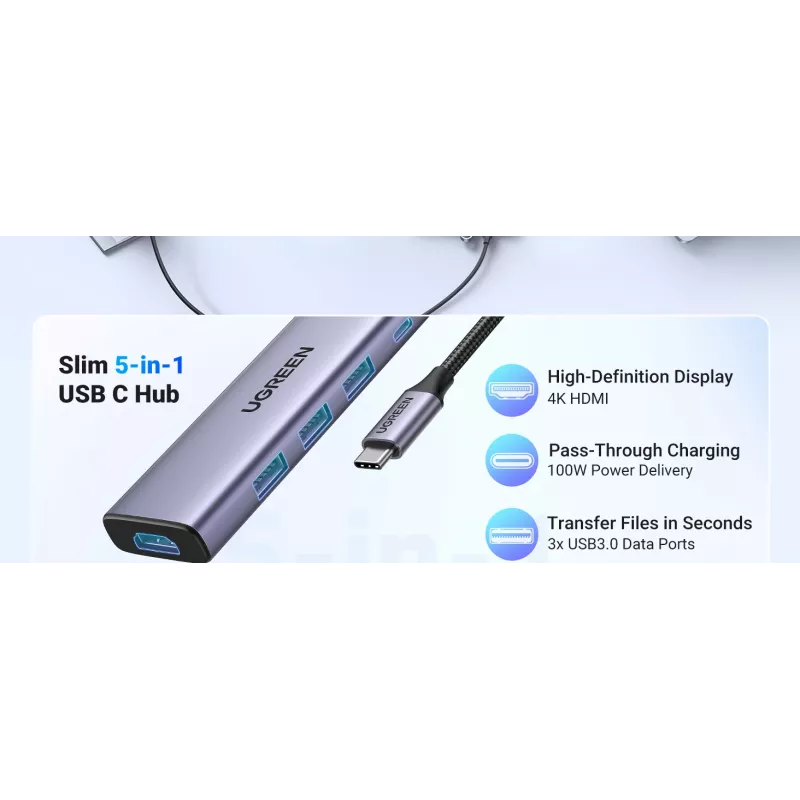 USB Type-C hub UGREEN 20956A with HDMI and USB 3.0, 5 Gbps, 4K 3840x2160, Silver