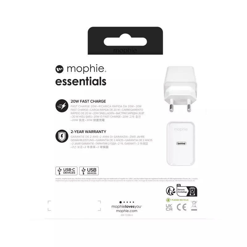 mophie essentials 20W USB-C PD wall adapter Universal White AC Fast charging Indoor