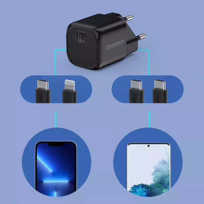 Charger CHOETECH PD5007 30W USB-C Power Delivery fast charging for phones and tablets