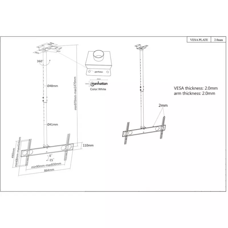 Manhattan Ceiling Mount for TV & Monitors, For screens: 37 inch to 75 inch, Adjustable height: 105-156 cm, VESA compatibility: all between 200x200 to 800x400mm - check the dimensions of the four mounting holes on back of screen to ensure it fits, Max 50kg, LFD,Bracket