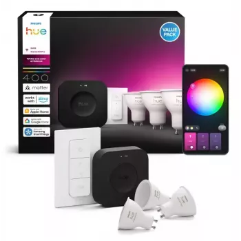Philips Hue White and colour ambience Starter kit: 3 GU10 bulbs + Dimmer switch + Bridge Pro