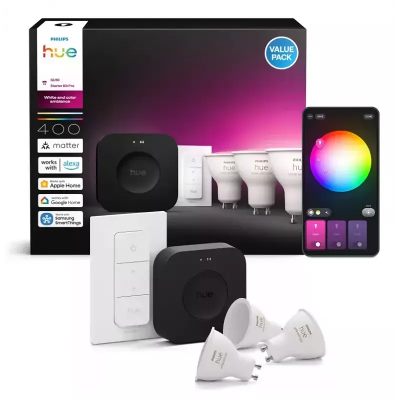 Philips Hue White and colour ambience Starter kit: 3 GU10 bulbs + Dimmer switch + Bridge Pro