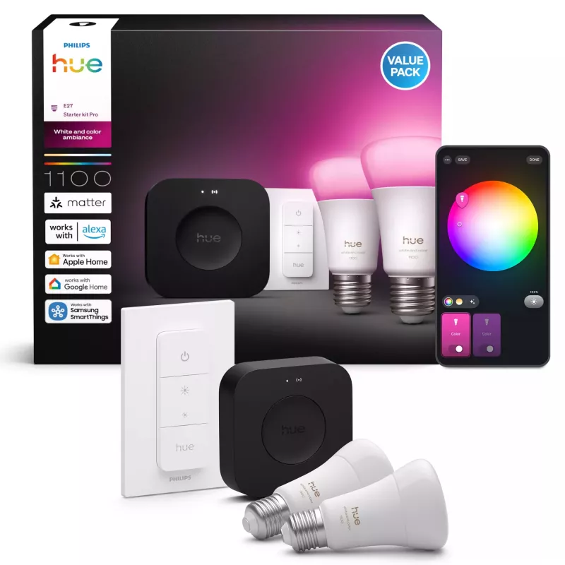 Philips Hue White and colour ambience Starter kit: 2 E27 smart bulbs + Dimmer switch + Bridge Pro