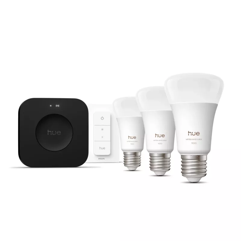 Smart lighting kit Philips Hue White and Colour Ambience Starter Kit — 3 E27 smart bulbs, Dimmer switch, Bridge Pro, Bluetooth/Zigbee