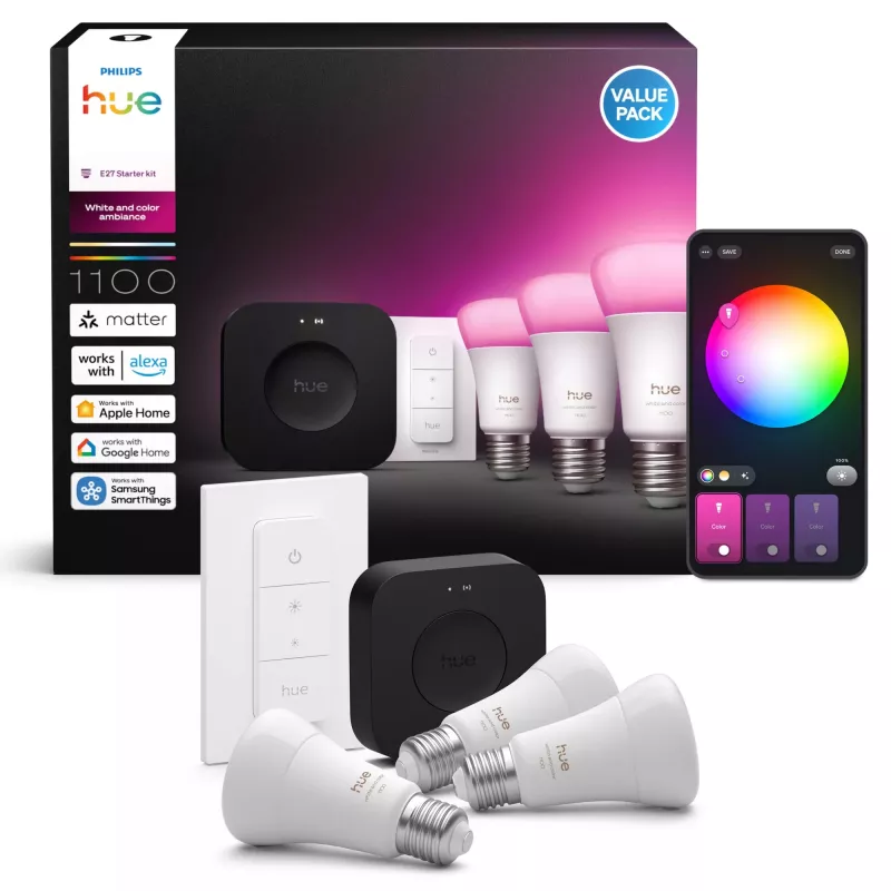Smart lighting kit Philips Hue White and Colour Ambience Starter Kit — 3 E27 smart bulbs, Dimmer switch, Bridge Pro, Bluetooth/Zigbee