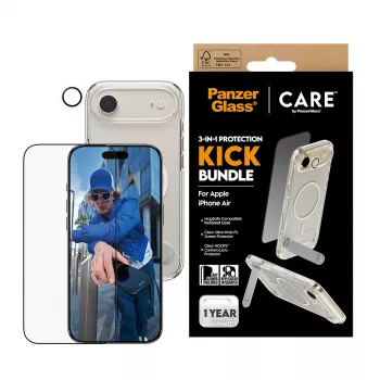 Screen protection bundle PanzerGlass CARE 3-in-1 Feature Kick for iPhone Air — tempered glass, PET, silicone, transparent