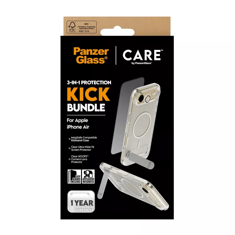 Screen protection bundle PanzerGlass CARE 3-in-1 Feature Kick for iPhone Air — tempered glass, PET, silicone, transparent