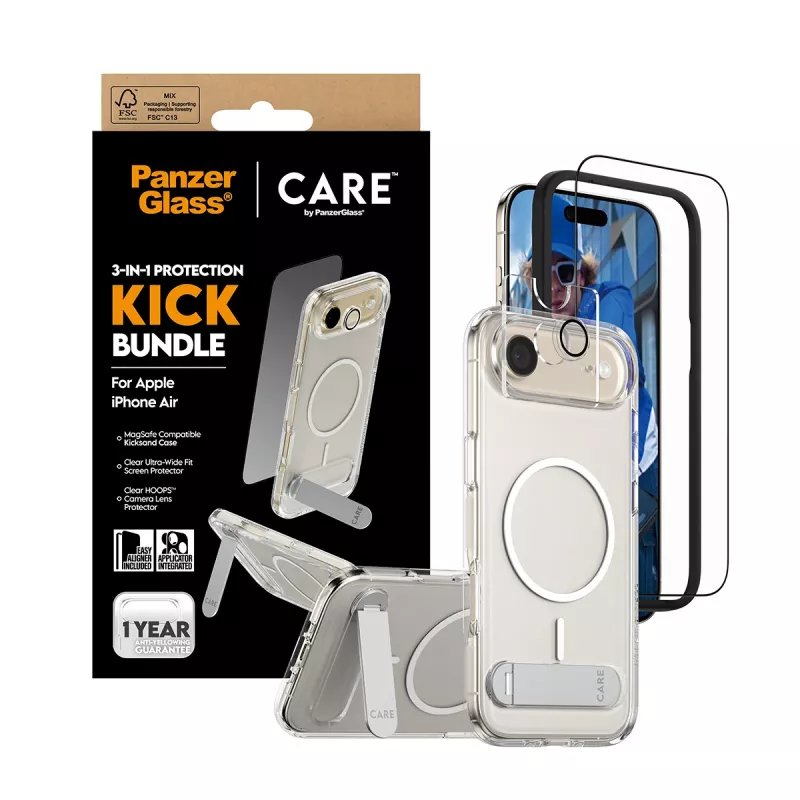 Screen protection bundle PanzerGlass CARE 3-in-1 Feature Kick for iPhone Air — tempered glass, PET, silicone, transparent