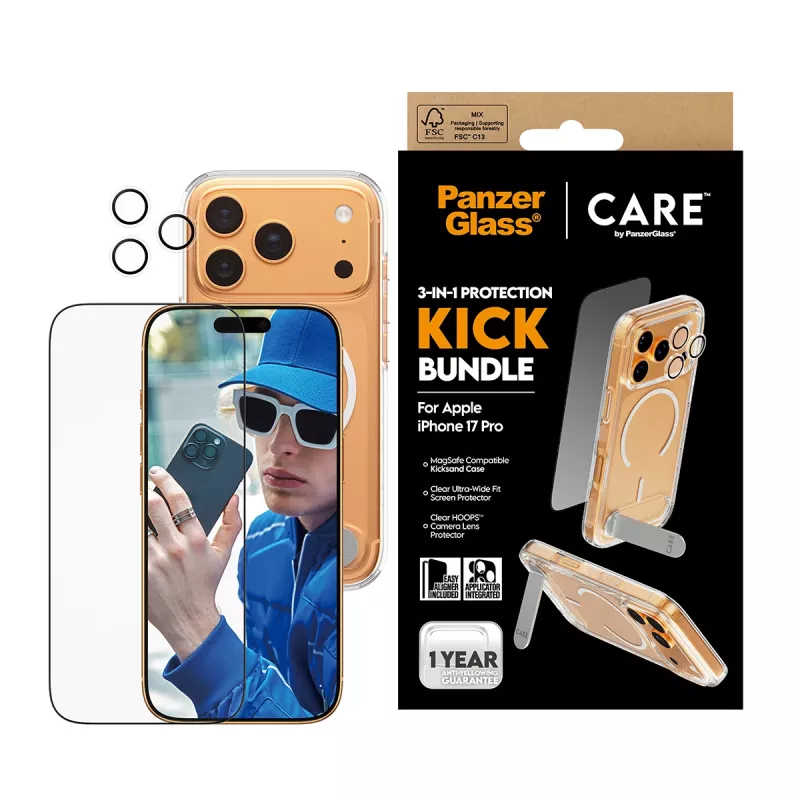 Protective Case PanzerGlass CARE Feature Kick 3w1 for iPhone 17 Pro with glass lens cover