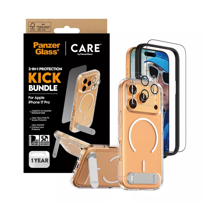 Protective Case PanzerGlass CARE Feature Kick 3w1 for iPhone 17 Pro with glass lens cover