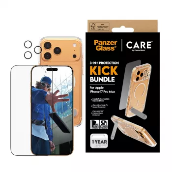 Screen protector and case bundle PanzerGlass CARE 3-in-1 Feature Kick for iPhone 17 Pro Max — tempered glass, PET, silicone, transparent