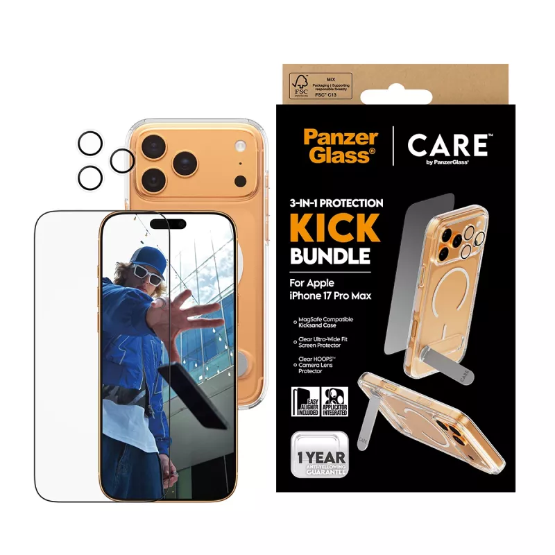 Screen protector and case bundle PanzerGlass CARE 3-in-1 Feature Kick for iPhone 17 Pro Max — tempered glass, PET, silicone, transparent