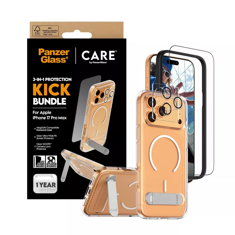 Screen protector and case bundle PanzerGlass CARE 3-in-1 Feature Kick for iPhone 17 Pro Max — tempered glass, PET, silicone, transparent