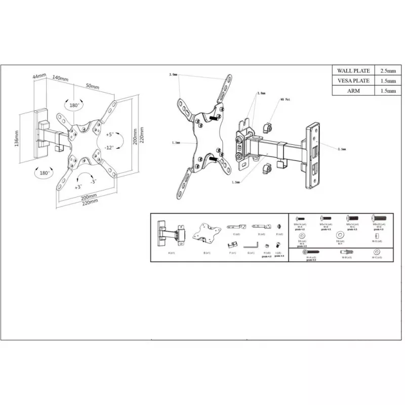 Manhattan Wall Mount for TV & Monitors (Tilt and Swivel 2 pivots), For screens 13 inch to 42 inch, VESA compatibility: all between 75x75mm to 200x200mm - check the dimensions of the four mounting holes on back of screen to ensure it fits, Max 20kg, Bracket
