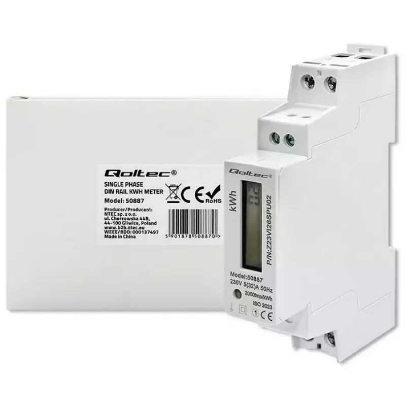 Single-phase electric energy meter QOLTEC 50887 1-phase 230V LCD Slim