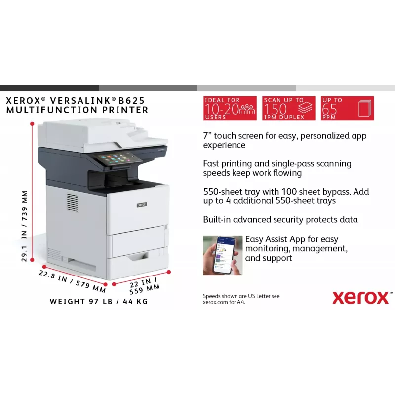 Xerox VersaLink B625 A4 61ppm Duplex Copy/Print/Scan/Fax PS3 PCL5e/6 2 Trays 650 Sheets