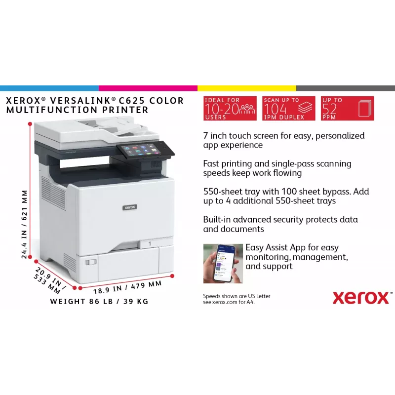 Xerox VersaLink C625 A4 50ppm Duplex Copy/Print/Scan/Fax PS3 PCL5e/6 2 Trays 650 Sheets