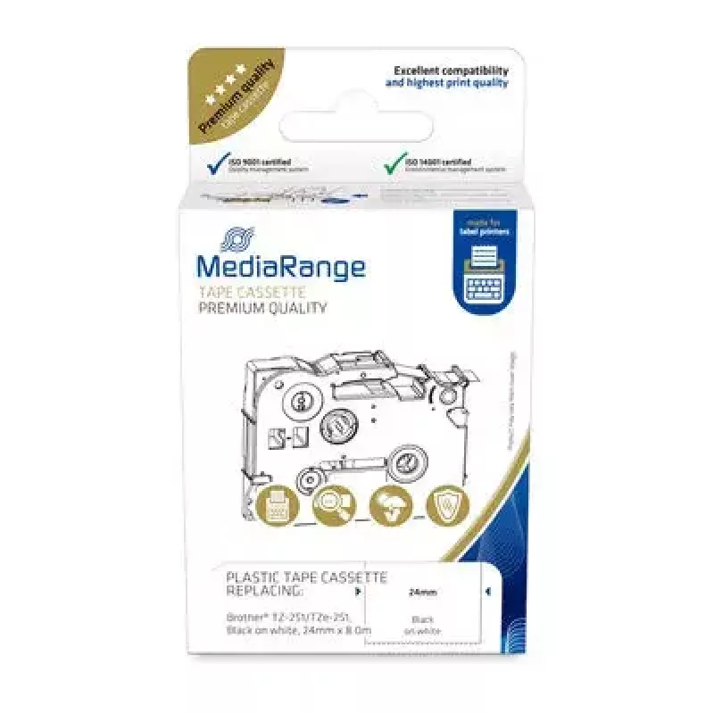 Plastic tape cassette MediaRange TZ-251 24mm 8m black on white
