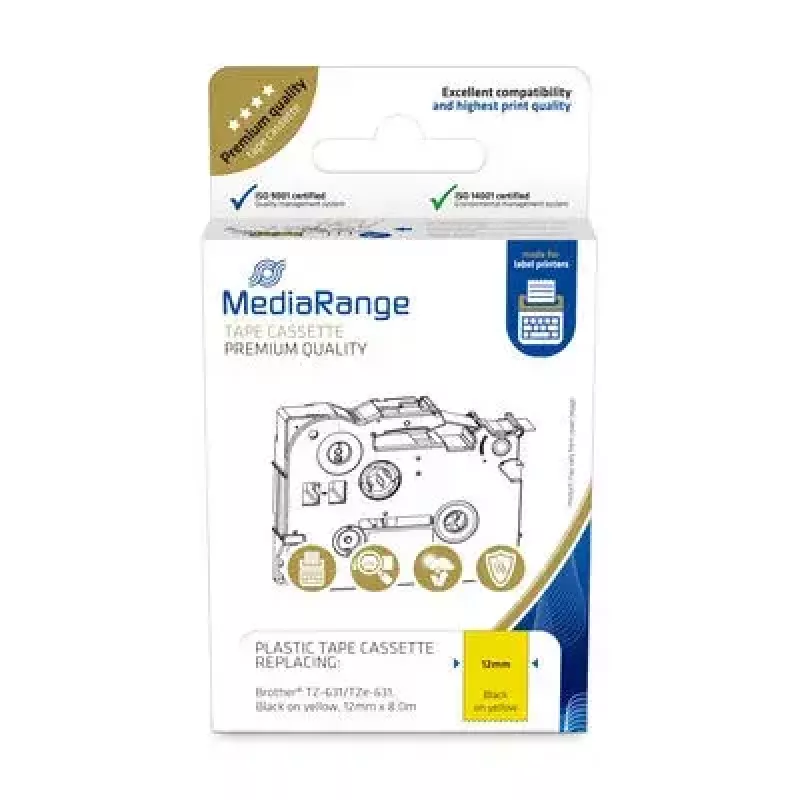 Plastic tape cassette MediaRange TZ-631 12mm black on yellow
