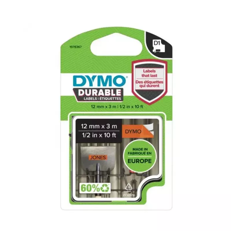 DYMO Authentic D1 Durable Labels | Black Print on Orange Tape | 12 mm x 3 m | High-Performance Label Tape for LabelManager Label Makers