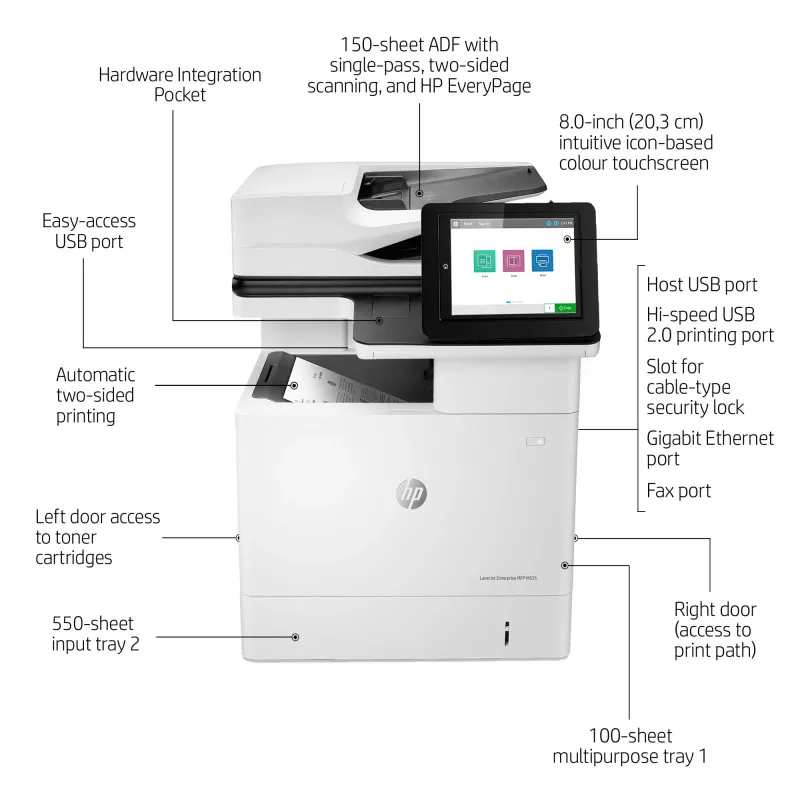 HP LaserJet Enterprise MFP M635h, Laser, Mono printing, 1200 x 1200 DPI, Mono copying, A4, Black, White