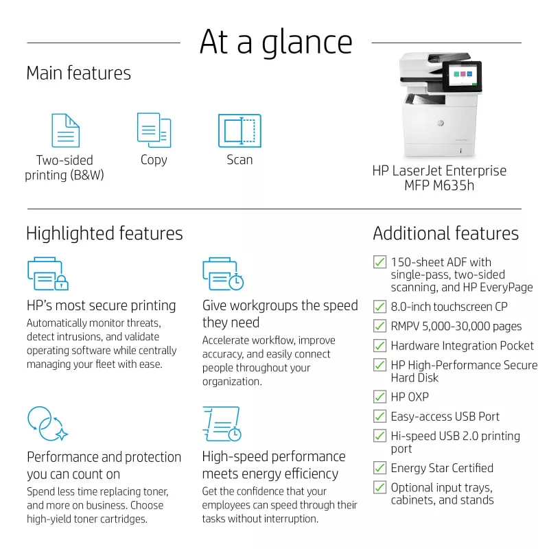 HP LaserJet Enterprise MFP M635h, Laser, Mono printing, 1200 x 1200 DPI, Mono copying, A4, Black, White