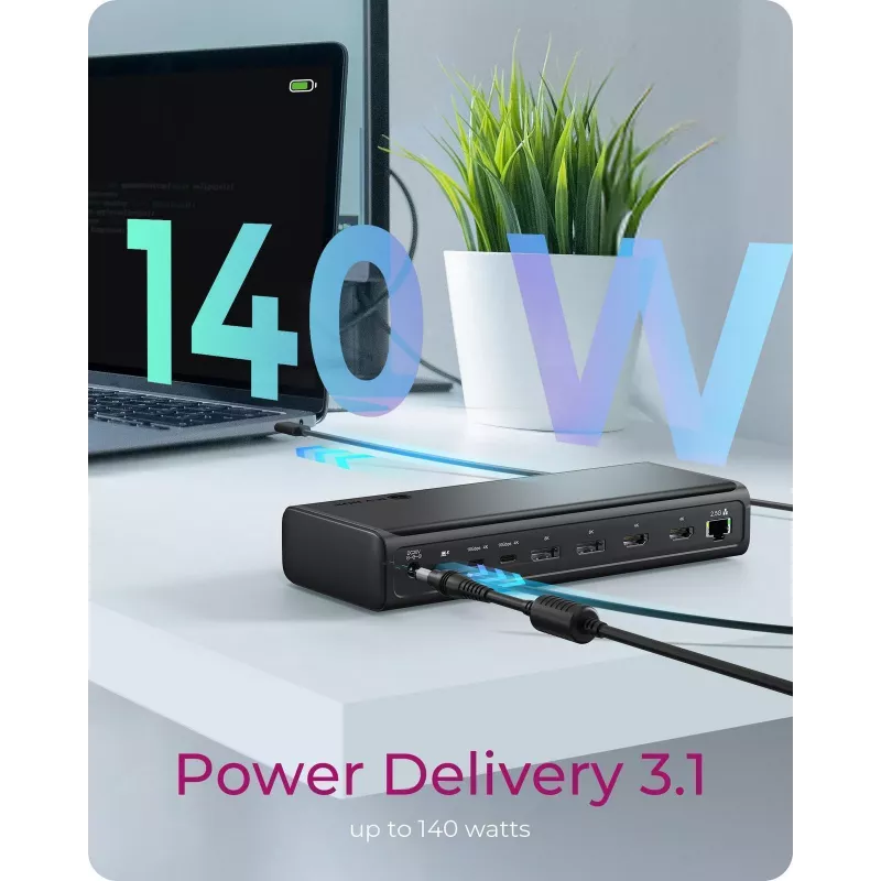 ICY BOX DockingStation 17-in-1, six video output, Wired, USB 3.2 Gen 2 (3.1 Gen 2) Type-C, 140 W, 3.5 mm, 10,100,1000,2500 Mbit/s, Black