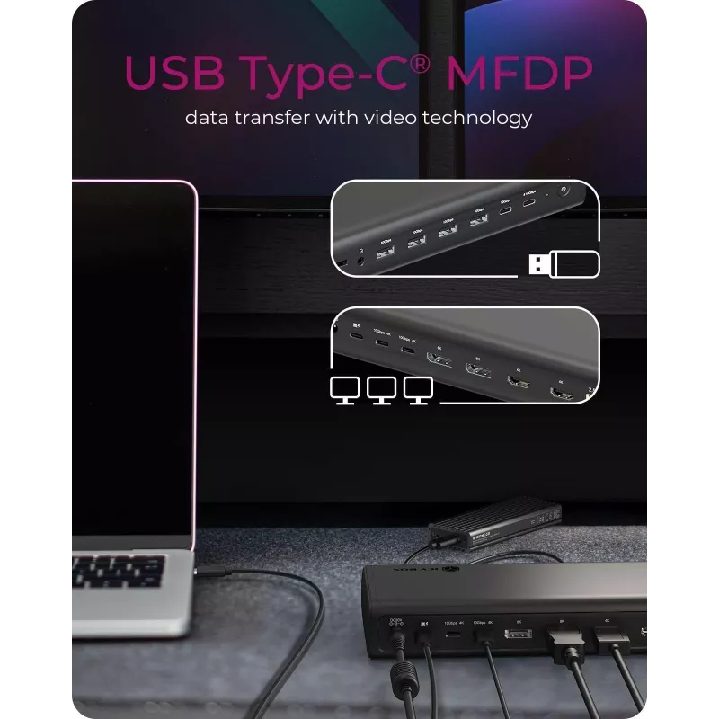 ICY BOX DockingStation 17-in-1, six video output, Wired, USB 3.2 Gen 2 (3.1 Gen 2) Type-C, 140 W, 3.5 mm, 10,100,1000,2500 Mbit/s, Black