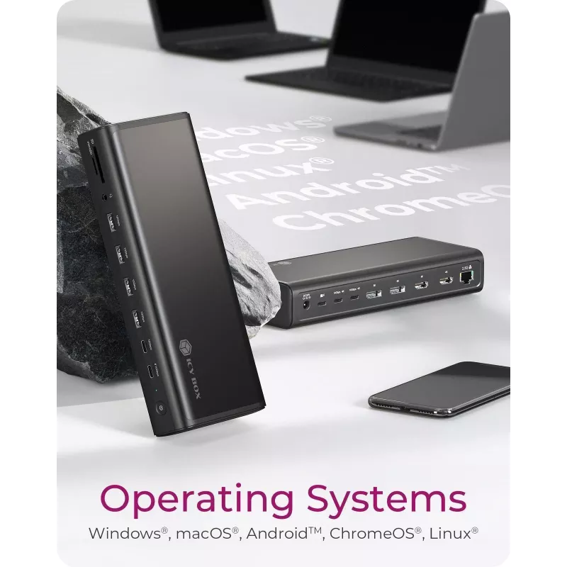 ICY BOX DockingStation 17-in-1, six video output, Wired, USB 3.2 Gen 2 (3.1 Gen 2) Type-C, 140 W, 3.5 mm, 10,100,1000,2500 Mbit/s, Black