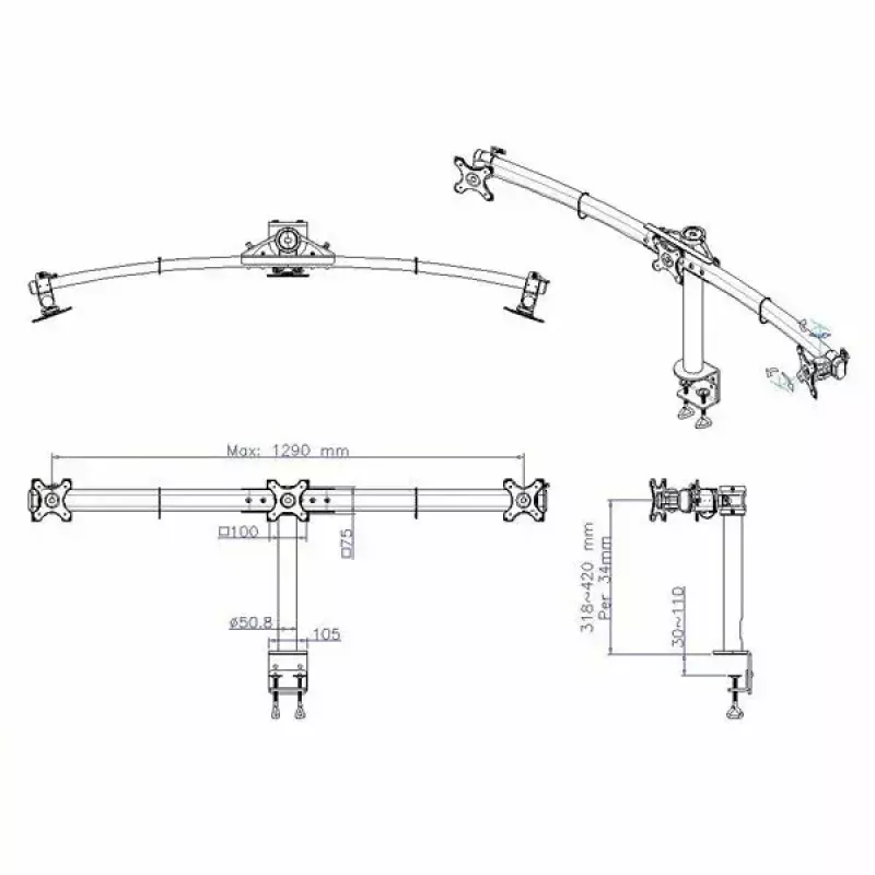VALUE Triple LCD Arm Desk Clamp black — 3-screen monitor mount, adjustable