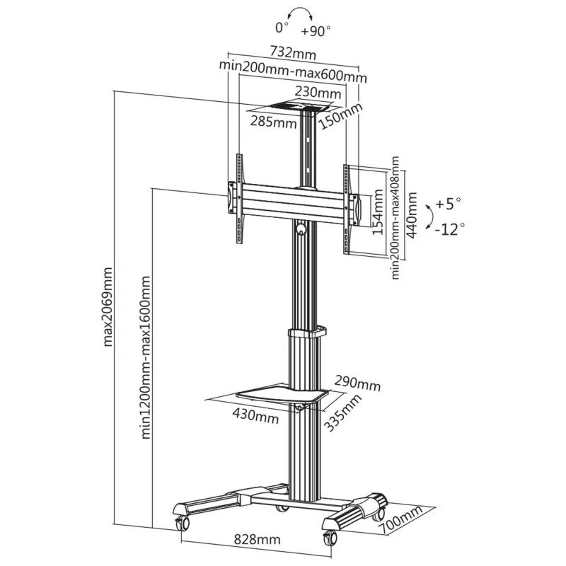 InLine Height Adjustable TV Cart for 37-70 inch Displays, 50 kg, VESA up to 600x400, Black