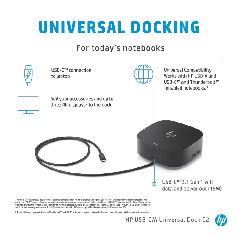 HP USB-C Dock G5, Wired, USB 3.2 Gen 1 (3.1 Gen 1) Type-C, Black, USB, USB Type-C, Windows 10, Windows 7