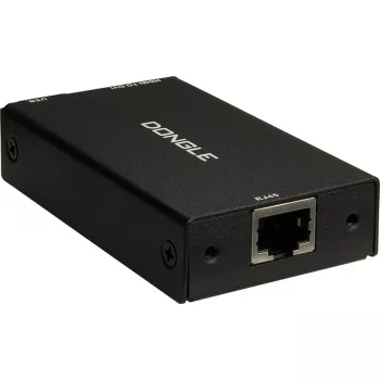 Interface adapter INTER-TECH KT-150D — RJ-45 (female) to DVI‑D, wired, max 1980×1080, includes USB A–B cable, metal, black