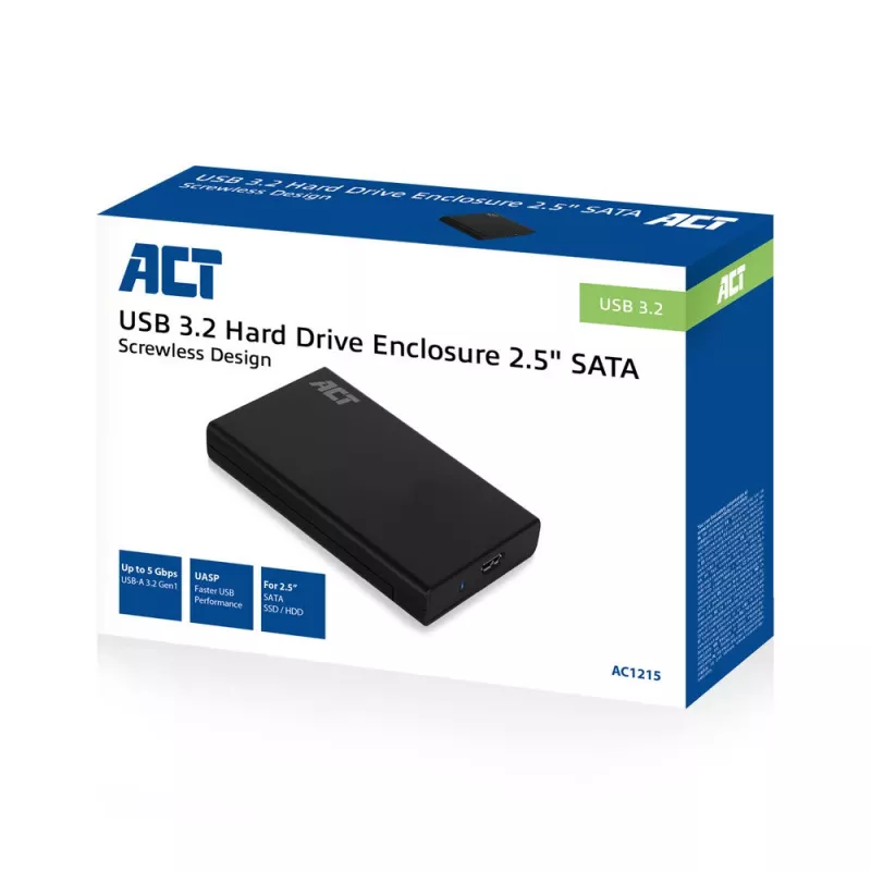 HDD/SSD enclosure ACT 2.5 inch SATA hard drive enclosure screwless USB 3.2 Gen1