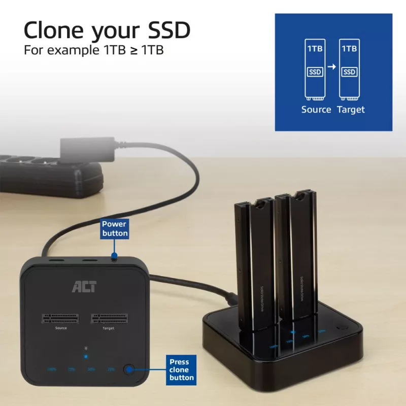 ACT M.2 NVMe/PCIe dual SSD docking clone station, USB-C 3.2 Gen2