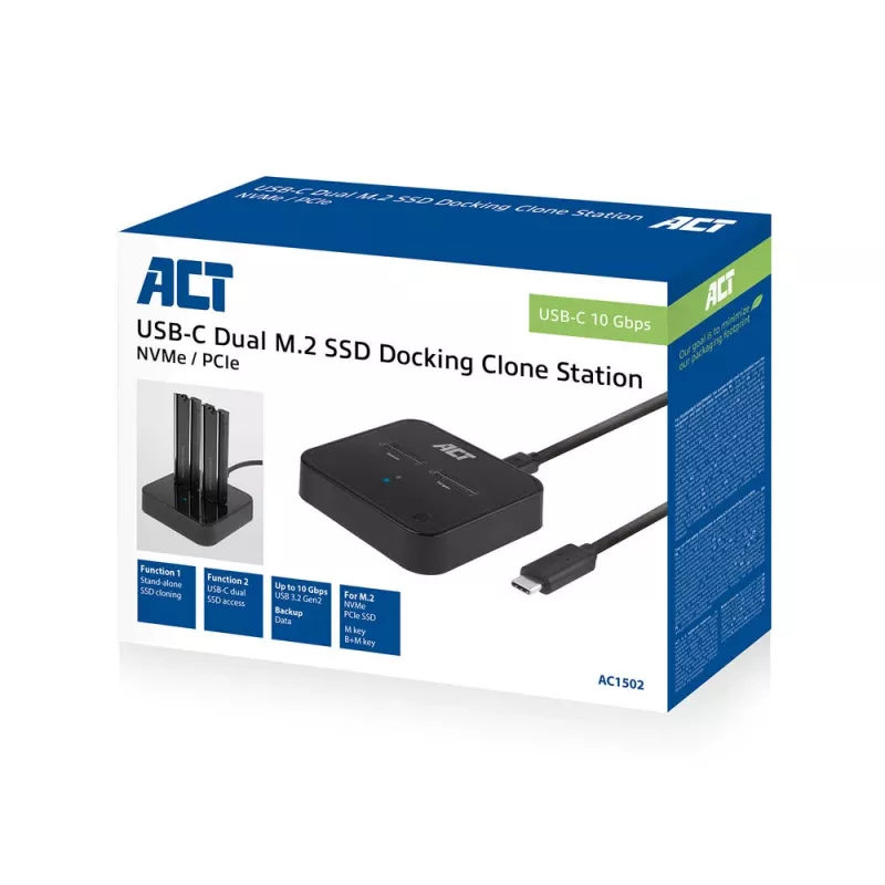 ACT M.2 NVMe/PCIe dual SSD docking clone station, USB-C 3.2 Gen2