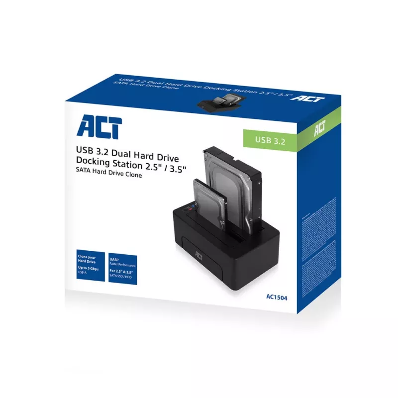 ACT 2.5 inch and 3.5 inch SATA dual HDD/SSD docking station, USB 3.2 Gen1