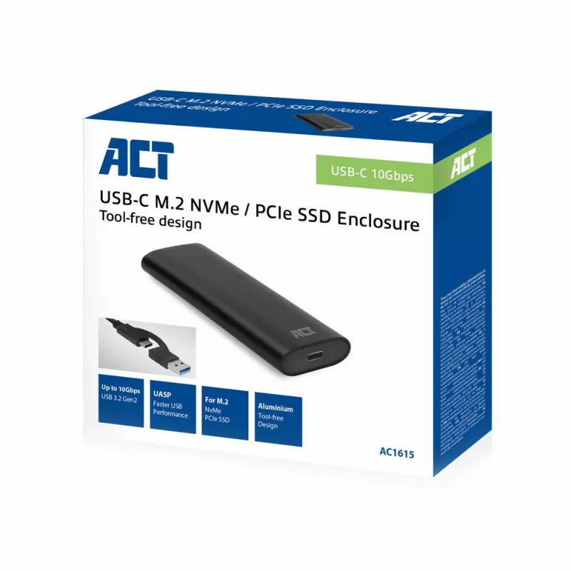 SSD enclosure ACT AC1615 USB-C M.2 NVMe PCIe 10 Gbit/s Black