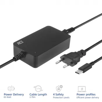 ACT USB-C laptop charger with Power Delivery profiles 65W, Laptop, Indoor, 100 - 240 V, 50/60 Hz, 65 W, 5 - 20 V