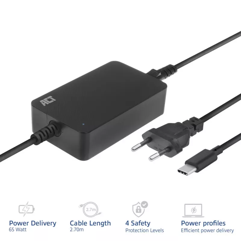 ACT USB-C laptop charger with Power Delivery profiles 65W, Laptop, Indoor, 100 - 240 V, 50/60 Hz, 65 W, 5 - 20 V