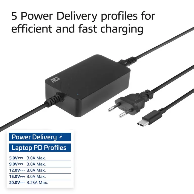 ACT USB-C laptop charger with Power Delivery profiles 65W, Laptop, Indoor, 100 - 240 V, 50/60 Hz, 65 W, 5 - 20 V