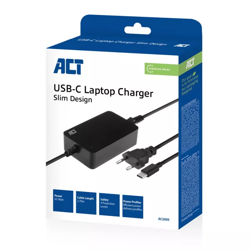 ACT USB-C laptop charger with Power Delivery profiles 65W, Laptop, Indoor, 100 - 240 V, 50/60 Hz, 65 W, 5 - 20 V