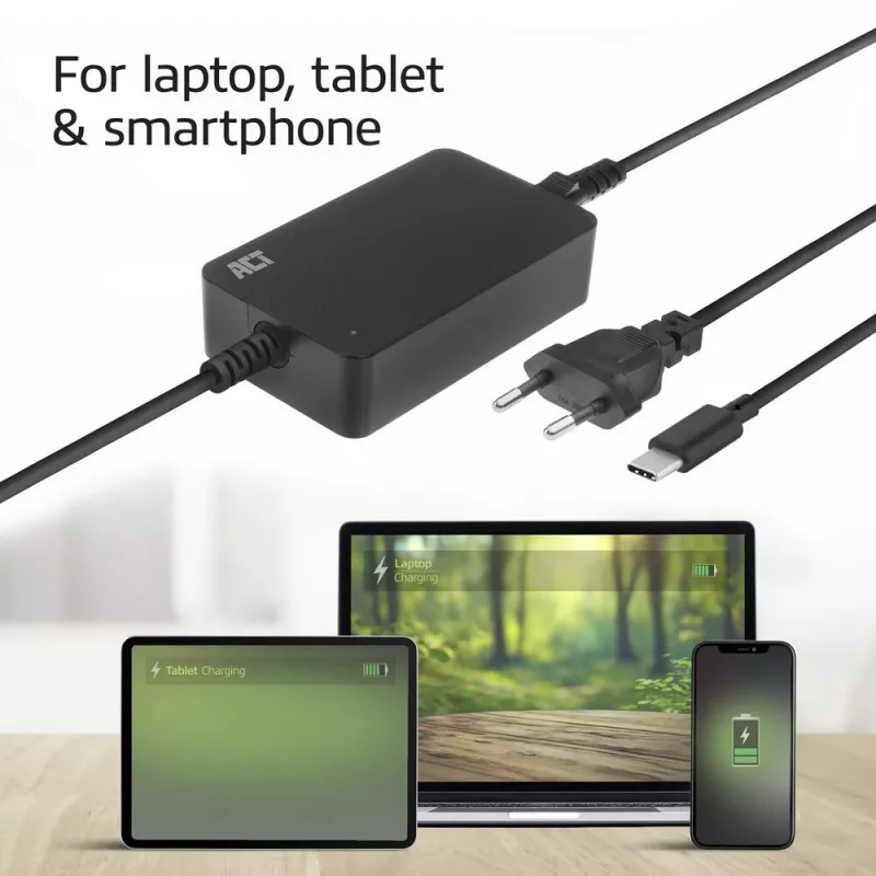 ACT USB-C laptop charger with Power Delivery profiles 65W, Laptop, Indoor, 100 - 240 V, 50/60 Hz, 65 W, 5 - 20 V
