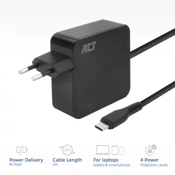 ACT USB-C laptop wall charger 65W with Power Delivery profiles, 2 meters