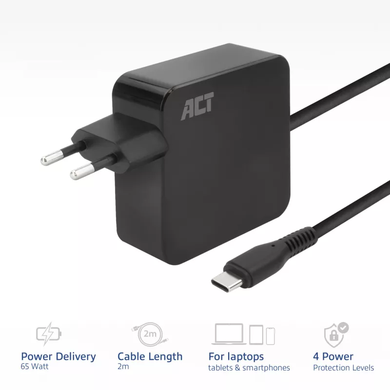 ACT USB-C laptop wall charger 65W with Power Delivery profiles, 2 meters