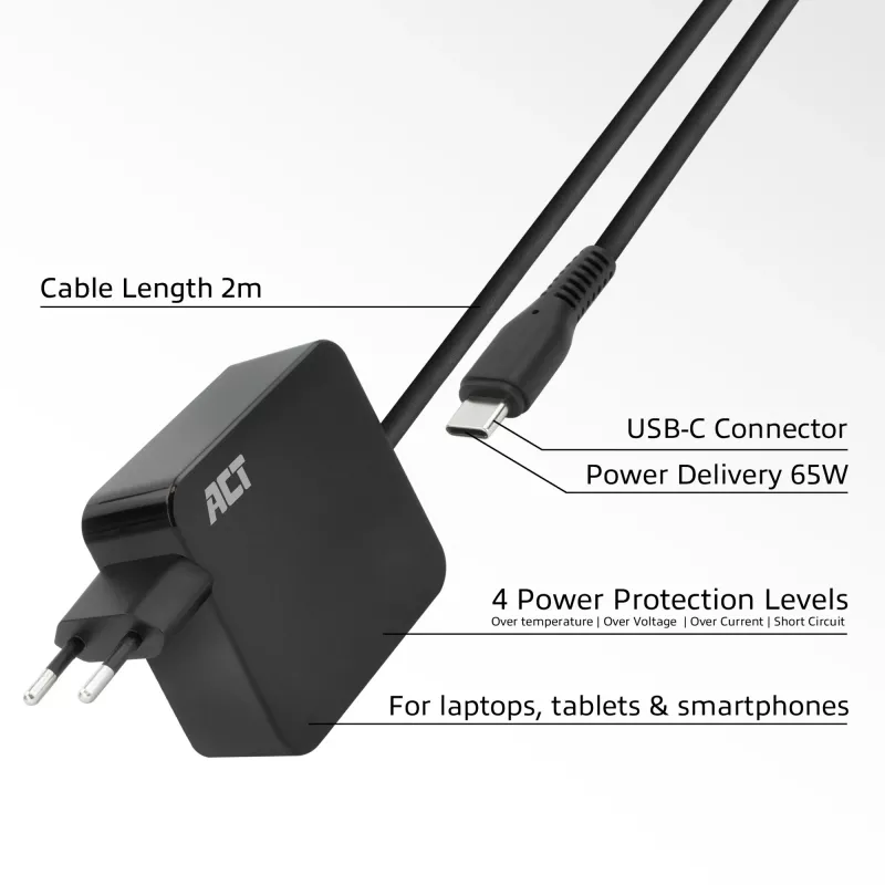 ACT USB-C laptop wall charger 65W with Power Delivery profiles, 2 meters