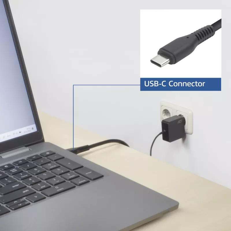 ACT USB-C laptop wall charger 65W with Power Delivery profiles, 2 meters