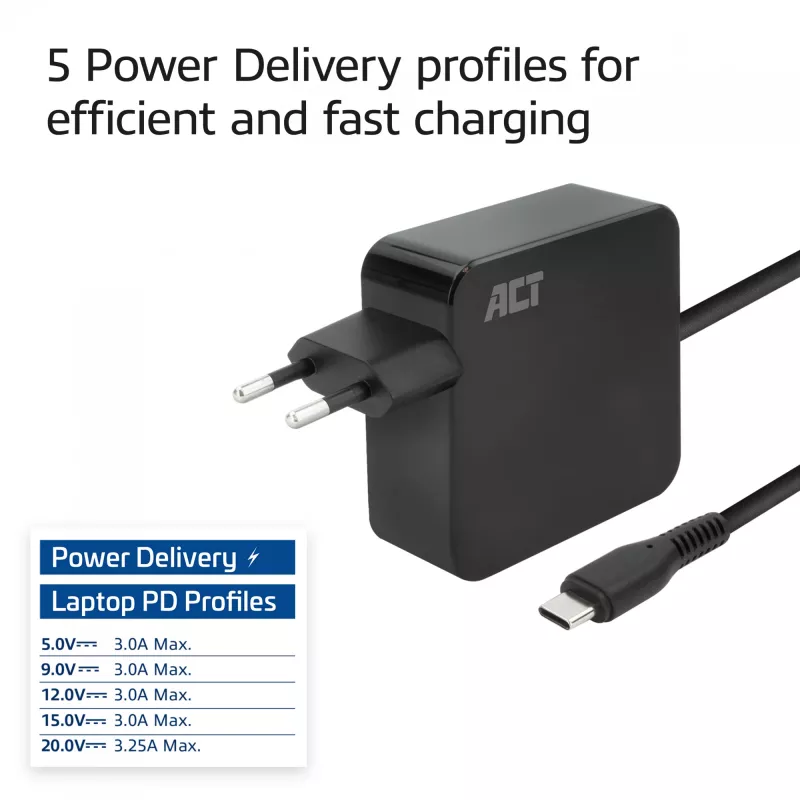 ACT USB-C laptop wall charger 65W with Power Delivery profiles, 2 meters