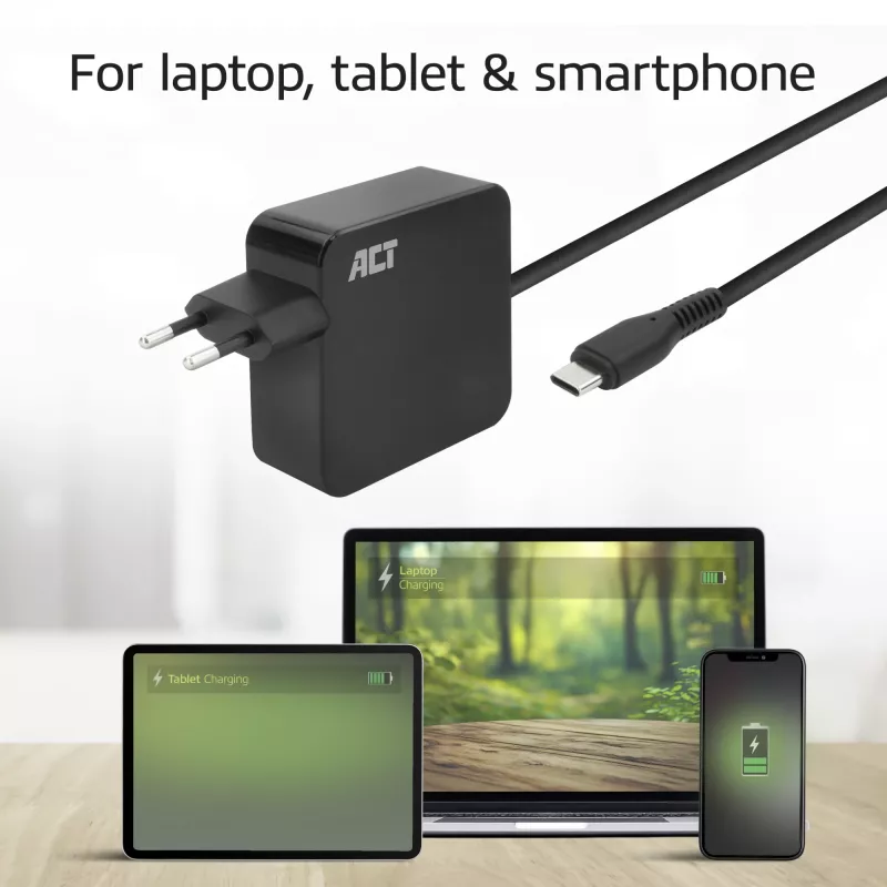ACT USB-C laptop wall charger 65W with Power Delivery profiles, 2 meters