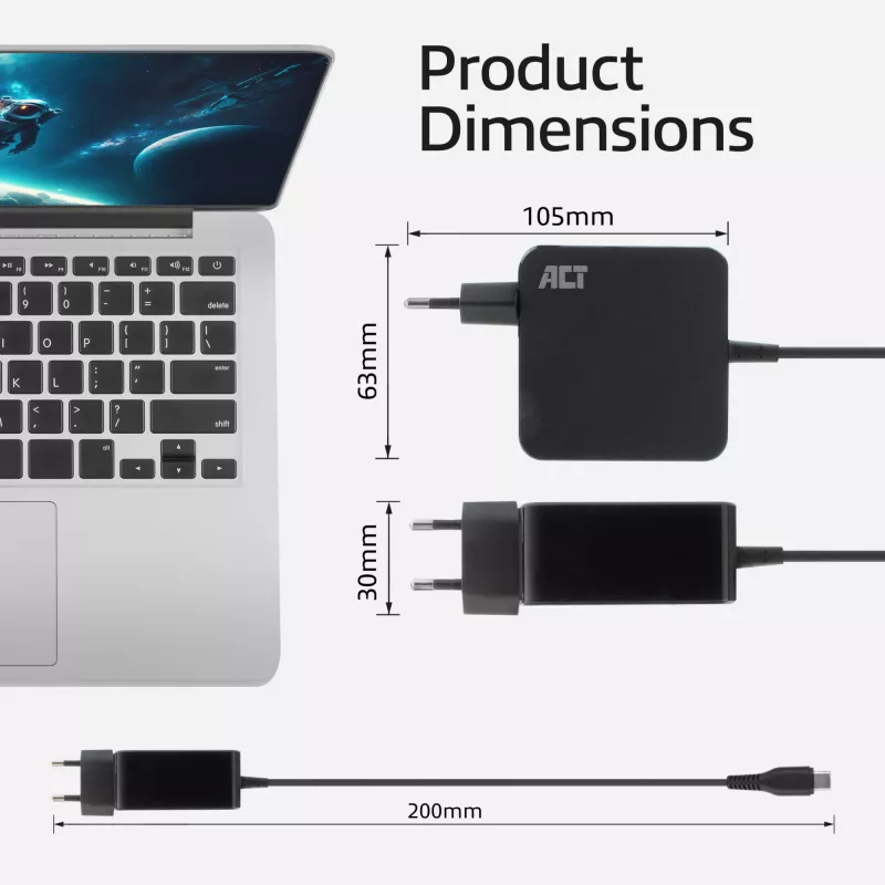 ACT USB-C laptop wall charger 65W with Power Delivery profiles, 2 meters